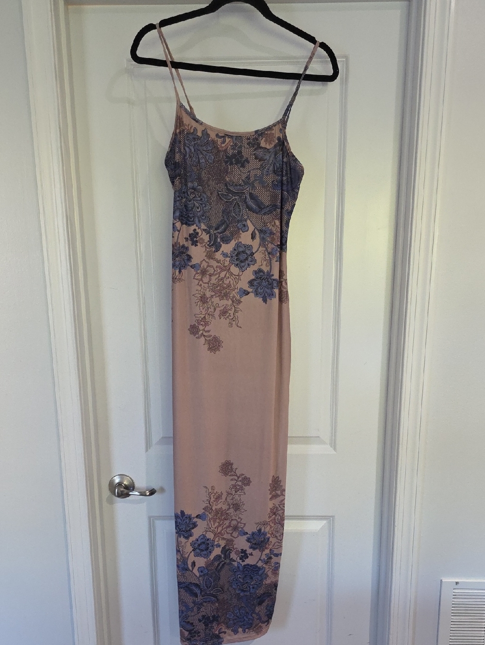Justify Blush Pink Maxi Slip Dress with Blue Floral Motif